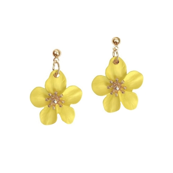 Sunny Yellow Matte Flower Blossoms Post Earrings 3D Hibiscus Flowers Dangle New - Picture 2 of 5